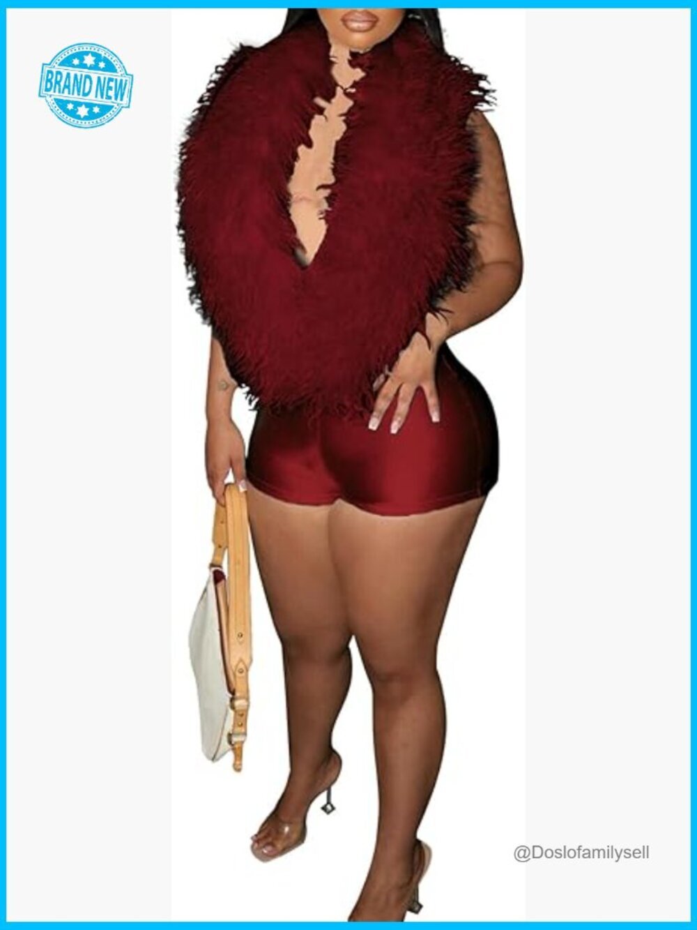 Halter V Neck Backless Short Jumpsuit with Faux Fur Trim Sleeveless Bodycon